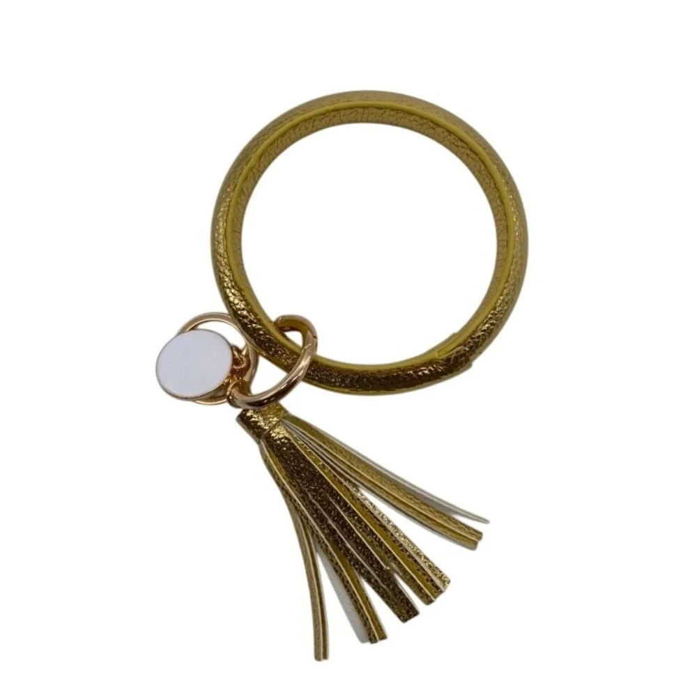 Yellow Gold Leather Tassel Bangle Keychain With Sunburst Charm‎ Keyring Wrisltet